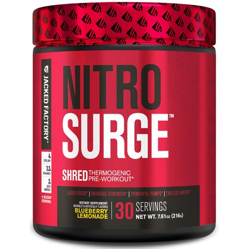 Jacked Factory NITROSURGE Shred Pre Workout Supplement - Energy Booster, Instant Strength Gains, Sharp Focus, Powerful Pumps - Nitric Oxide Booster & PreWorkout Powder - 30Sv, Blueberry Lemonade