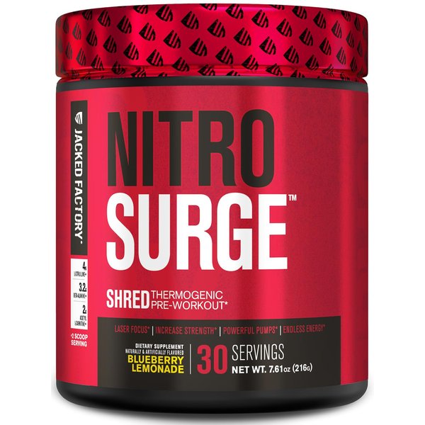 Jacked Factory NITROSURGE Shred Pre Workout Supplement - Energy Booster, Instant Strength Gains, Sharp Focus, Powerful Pumps - Nitric Oxide Booster & PreWorkout Powder - 30Sv, Blueberry Lemonade