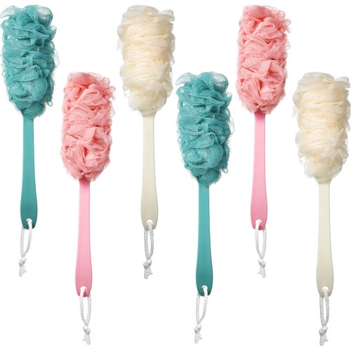 6 Pieces Back Scrubber for Shower, Long Handle Loofah Sponge Brush, Loofah on a Stick for Men Women Elderly, 17 Inch Soft Nylon Mesh Loofah Bath Body Brush Exfoliating Bathing Accessories, 3 Colors
