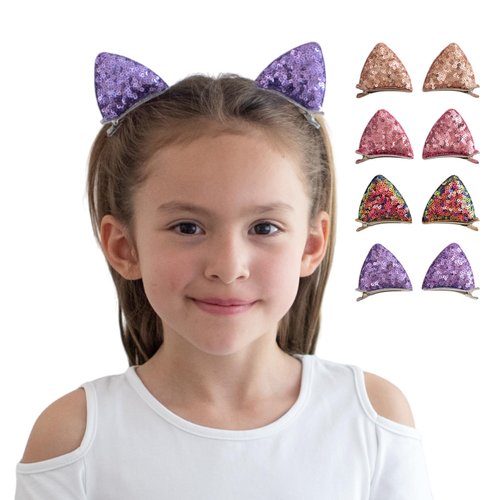 Summer Crystal 4 Pairs Sequins Cat Ears Kitty Ears Hair Clips - For Girls and Women - Stylish Hair Accessory for Birthdays, Costumes, Halloween, Holidays, and Parties (4 Pairs CFHL)