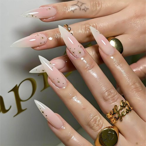 RUOKEXIN Almond Press on Nails Long Stiletto Fake Nails Pink Ombre Acrylic False Nails with Designs Gold Star Glossy Artificial Nails Summer Nail Press ons Natural Cute Stick on Nails for Women 24Pcs