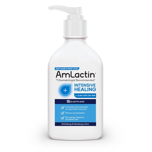 AmLactin Intensive Healing Body Lotion for Dry Skin – 7.9 oz Pump Bottle – 2-in-1 Exfoliator and Moisturizer with Ceramides and 15% Lactic Acid for 24-Hour Relief from Dry Skin (Packaging May Vary)