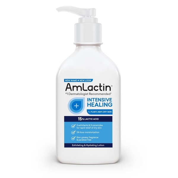 AmLactin Intensive Healing Body Lotion for Dry Skin – 7.9 oz Pump Bottle – 2-in-1 Exfoliator and Moisturizer with Ceramides and 15% Lactic Acid for 24-Hour Relief from Dry Skin (Packaging May Vary)