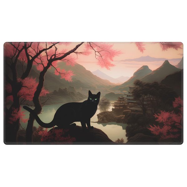 EDGFRTOIO Card Playmat 24" x 14" Game Mat for MTG/TCG Cards, Trading Card Game Stitched Play Mats Original Duel Mat Gaming Competition Pad Board Games Card Binder, Pink Tree Black Cat