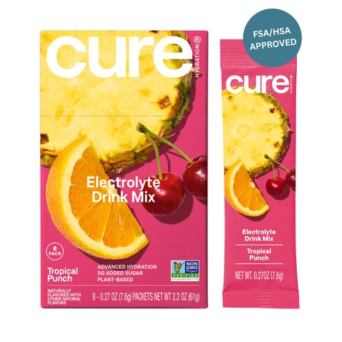 Cure Hydration | Plant-Based Electrolyte Drink Mix | No Added Sugar | FSA & HSA | Dehydration Relief Powder Made with Coconut Water | Non-GMO | Vegan | Box of 8 Packets - Tropical Punch