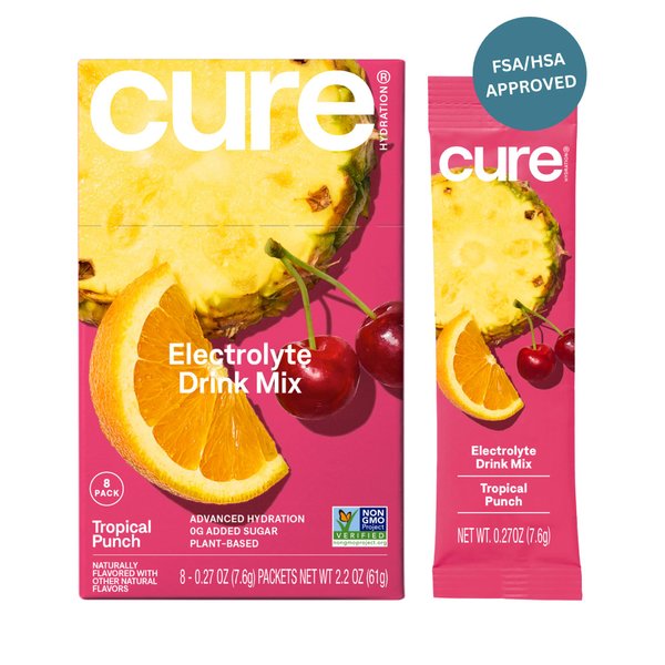 Cure Hydration | Plant-Based Electrolyte Drink Mix | No Added Sugar | FSA & HSA | Dehydration Relief Powder Made with Coconut Water | Non-GMO | Vegan | Box of 8 Packets - Tropical Punch