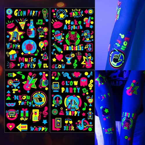 Neon Temporary Tattoos Glow In The UV & Dark Neon Tattoos Stickers, 88 Glitter Styles Music Guitar Beer Cool Fake Waterproof Tattoos for Men Women Party Decoration Party Supplies