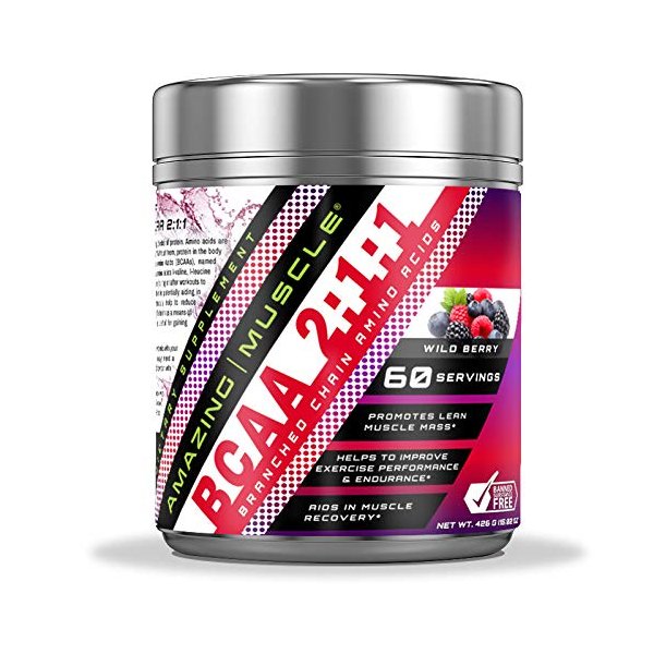 Amazing Muscle BCAA 2:1:1 Branched Chain Amino Acids Supplement | 6000 Mg Per Serving | 60 Servings | Wild Berry Flavor