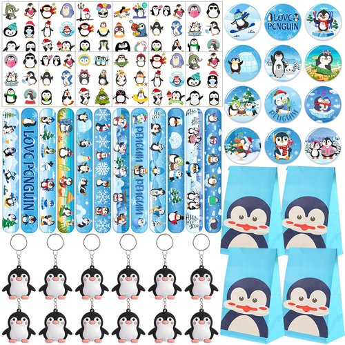 Hokiis Penguin Party Favors, Penguin Temporary Tattoos Slap Bracelets Keychains Badges Gift Bags for Winter Penguin Birthday Party Supplies Decorations Gifts for Kids Classroom Rewards Baby Shower