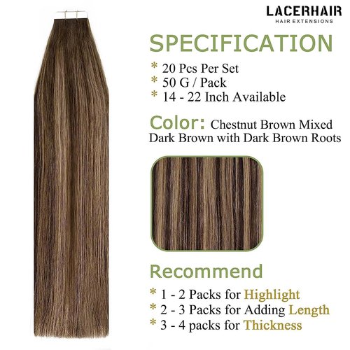 Lacer Remy Tape in Hair Extensions Human Hair Dark Brown Mixed Chestnut Brown with Dark Brown Roots Invisible Double Sided Weft Glue in Hair Extensions Human Hair 22 Inch 50g 20pcs