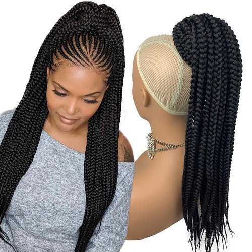 HAPPY&CC Braided Drawstring Ponytail Extension for Black Women Long 3X Box Braids Crochet Hair Synthetic Clip In Ponytail Hair Extensions(20inch,1B)