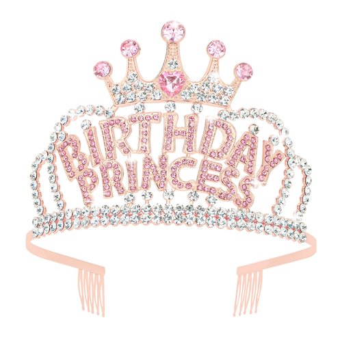 YARIEW Rose Gold Tiara with Comb for Women, Girls' Princess Crown Headband for Birthday Party Decorations and Gifts