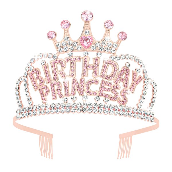 YARIEW Rose Gold Tiara with Comb for Women, Girls' Princess Crown Headband for Birthday Party Decorations and Gifts