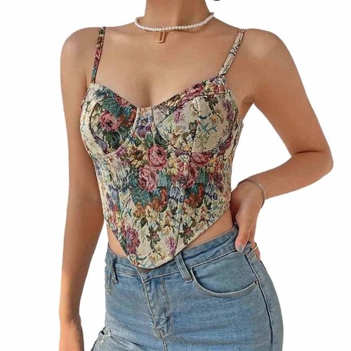 Aularso Court Vintage Floral Corset Top Puff Sleeve Corset Tops Bustier Zipper Summer Going Out Crop Top for Women (as1, alpha, l, regular, regular, Sleeveless-floral1)