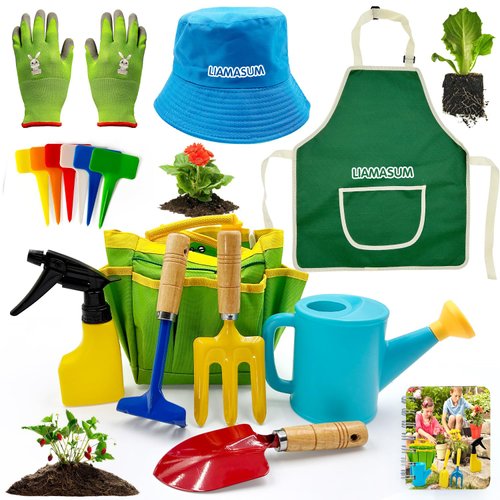 liamasum Kids Gardening Tools Set Includes Toddlers Gardening Gloves, Sturdy Tote Bag, Watering Can, Shovel, Rake, Trowel, Children Apron, Garden Notebook - Easter Gifts for Toddlers