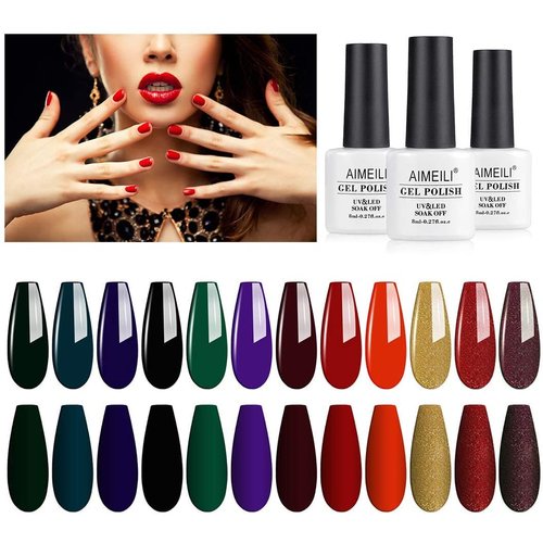 AIMEILI Fall Gel Nail Polish Red Glitter Emerald Green Black Golden Nail Polish Gel Gifts for Wom...