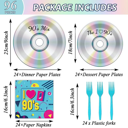96Pcs 90's Party Paper Plates and Napkins for Retro 90s Theme Birthday Party Supplies 90's Mix CD Themed Paper Dessert Plates I Love The 90s Tableware Set for Men Women 24 Guests Party Decorations