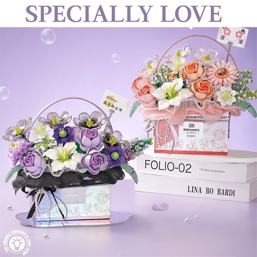 MEIEST Flower Bouquet Building Blocks Model Set,Simulation Artificial Rose Handheld Gift Box for Valentine's Day,Bonsai Plant Building Bricks Toys,Home Decor (Mist Purple)
