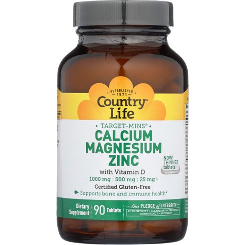 Country Life Target Mins Calcium-Magnesium Zinc with Vitamin D, 1000mg/500mg/25mg 90 Count, Certi...