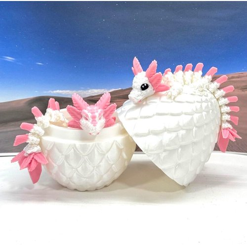 3D Printed Dragon with Dragon Egg, Articulated Mother and Child White and Pink Axolotl Dragons, Fidget ADHD Autism Toy, Executive Desk Toy MCDD041-BD008-PNK-WE
