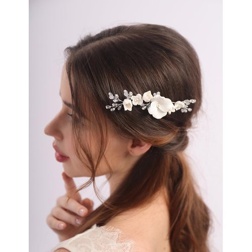 Teyglen Floral Wedding Hair Comb White Flower Bride Wedding Hair Comb with Crystal Hair Accessories for Women Handmade Hair Piece
