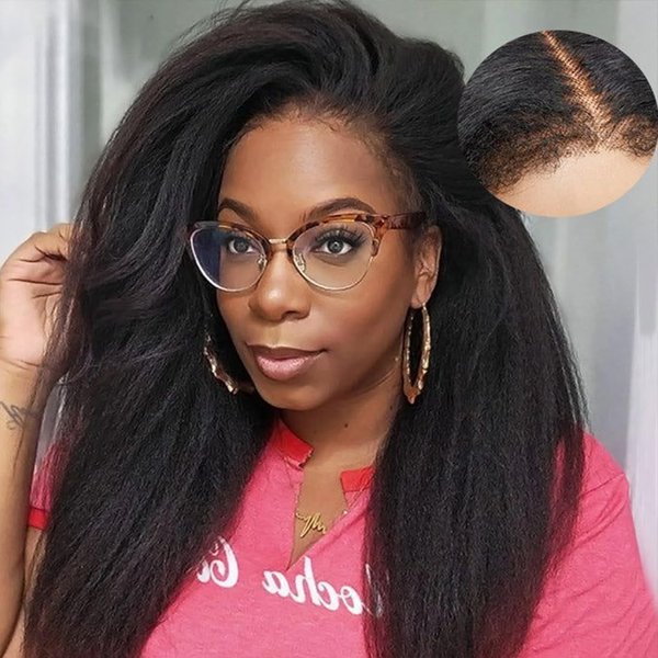 13X4 Lace Front Wig With Curly Edges Hairline 180% Density Kinky Straight Human Hair Wigs for Black Women Yaki Straight HD Lace Wig with Curly Baby Hair Glueless Wigs for Women Natural Black 16 Inch