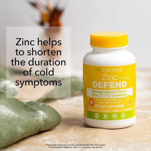 Basic Brands – Zinc Lemon Defend - 100 Lozenges - Natural Lemon Flavor Zinc–Lozenges - Immune Boost, Cold Relief, Non-GMO, Zinc Acetate & Vitamin C - 2-Pack
