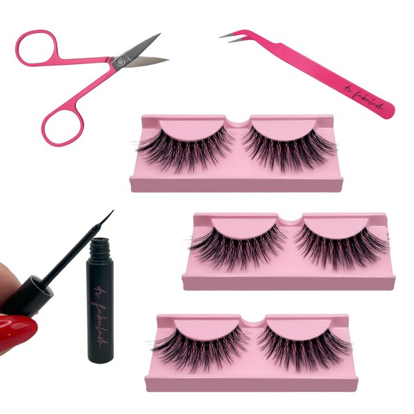 Eyelash Extension Easy Application Starter Kit - 3 Pairs Long Natural Eyelashes, Needle Point Tweezers, Scissors, Glue | Sexy, Natural, Glamorous Lashes | Enhance Your Dramatic Eyes