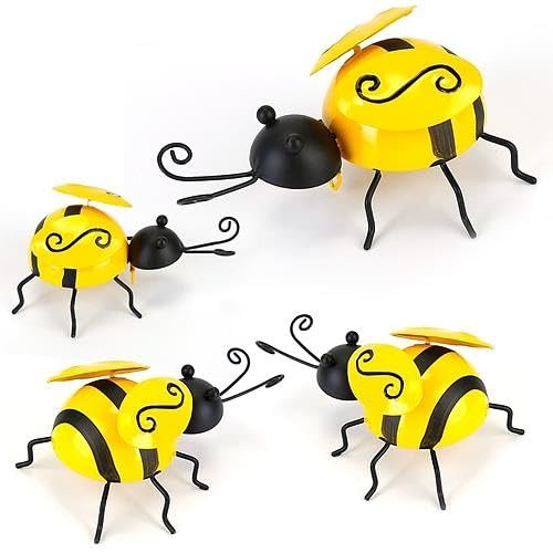 [Pack of 2] 4Pcs Bumble Bee Set Ornament 3D Iron Hanging Bee Wall Decor Art Sculpture Statues Decorations for Fence Lawn Bar Living Room