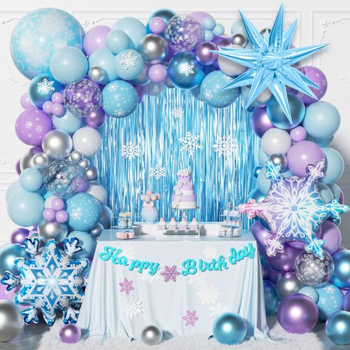 212pcs Frozen Balloon Arch Garland Kit, Blue Purple White Balloons with Fringe Curtain Snowflake Balloons Birthday Banner for Winter Wonderland 3th 4th Frozen Birthday Party Decorations