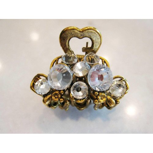 Small mini antique bronze bow metal hair claw clip with crystals bridal clip