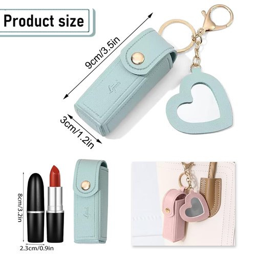 DIYBravo 2 pcs Lipstick Cases Keychain Chapstick Case Holder Lip Balm Sleeves Pouch with Mirror Heart Shaped, Portable Leather Lip Gloss Mini Bags Stocking Stuffers (pink+turquoise)