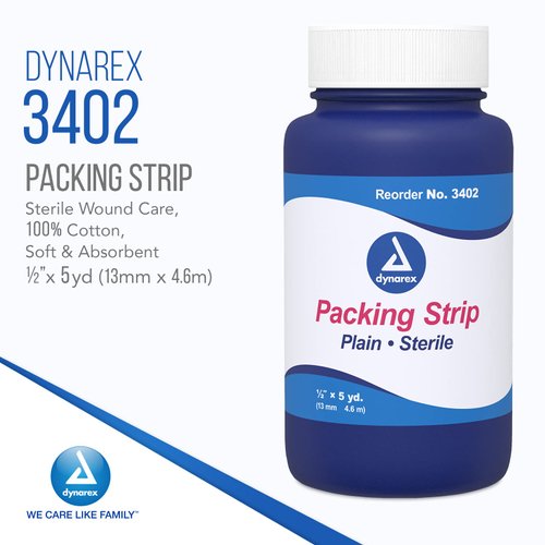 Dynarex Plain Packing Strip, Sterile Wound Care, 100% Cotton Woven Medical Packing Strip, Soft & Absorbent, 1/2” x 5 yd, 1 Case of 12 Packing Strip in Jars