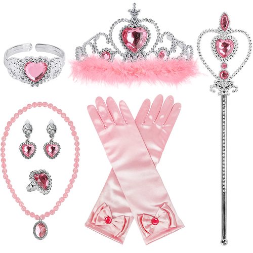 Princess Dress Up Accessories Princess Gloves, BIBUTY 7pcs Dress Up Set for Toddler Girls with Princess Crown, Wand, Gloves, Necklace, Earrings, Bracelet and Ring, Costume Toys for 3-6 yr Little Girls