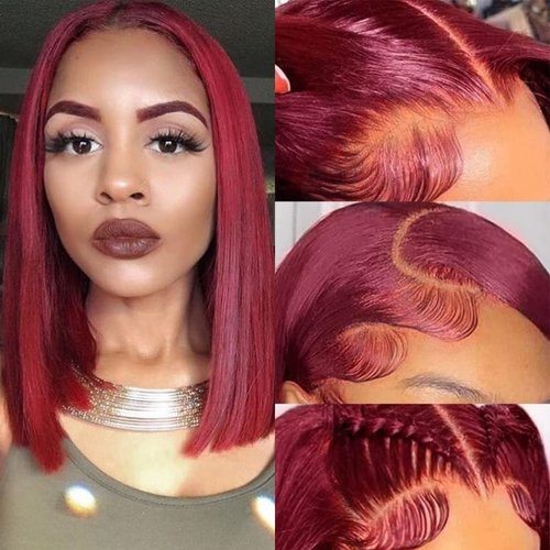 SUPERNOVA Burgundy 99J Short Bob Lace Front Wig Human Hair Red Wine 13x5x1 T Part Lace Front Bob Wig For Black Women Pre Plucked Glueless 150% Density Hair (12 Inches)