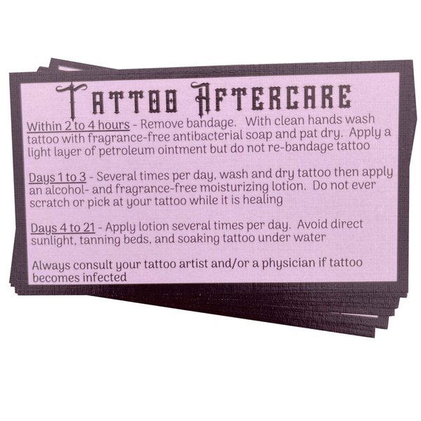 100 Pink Tattoo Aftercare Instructions Business Cards (3.5” X 2” inches) After Inked Tattoo Supplies