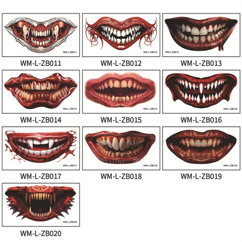 TopFunny Halloween Temporary Tattoos, 10 Sheets Clown Horror Mouth Tattoo Stickers Zombie Vampire Tattoo Face Decals Gifts Prank Props for Halloween Cosplay Party Decorations Props Big Mouth