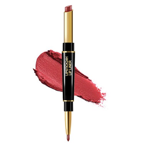 NILKJAR Rose Gold Metallic Women's Matte Lipstick and Lip Liner Set,DNM Double-ended Design Lipstick and Lip Liner in One,Lasting Waterproof Lipstick and Lip Liners Combo Lip Liner Pencil Set 07#