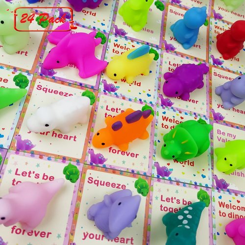 Pinkiwine 24 PCS Valentines Cards with Dinosaur Mochi Squishy Toys Squishies for Kids School Class Classroom Valentines Day Gifts Prizes Party Favors