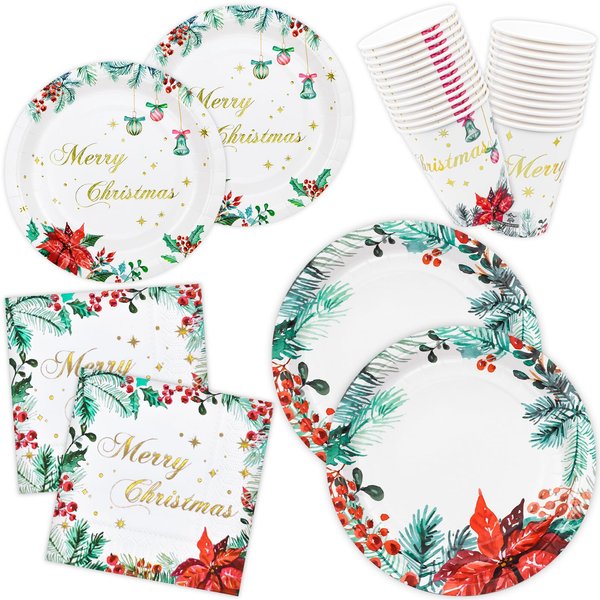 Christmas Party Paper Plates Napkins and Cups Set 100 Watercolor Poinsettia Disposable Dinnerware Tableware Party Supplies