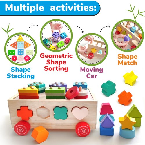 Wooden Shape Sorter Toy, Shape Stacking Toys for toddlers 1-3, Montessori Toys for 1 2 3 Year Old Kids and Toddlers, Wooden Shape Sorter Baby Toys, Sensory Toys for Toddlers 1-3 Wooden Stacking Blocks