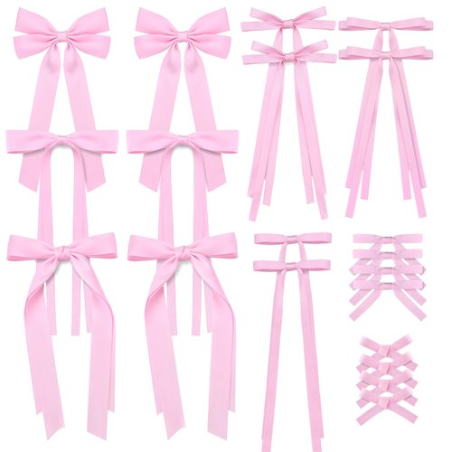 20PCS Pink Hair Accessories for Women and Girls, 12PCS Long Tassel Bowknot Ponytail Holder, 8PCS Solid Silky Satin Barrettes and Clips