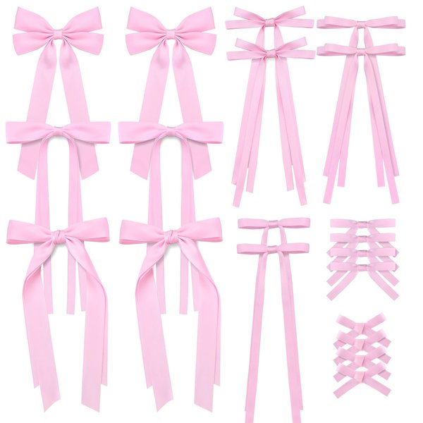 20PCS Pink Hair Accessories for Women and Girls, 12PCS Long Tassel Bowknot Ponytail Holder, 8PCS Solid Silky Satin Barrettes and Clips