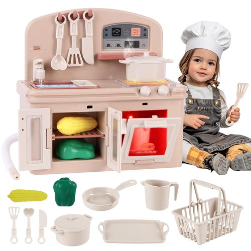 Kids Kitchen Playset,Mini Kitchen Cabinet Toys with Sink Stove Oven and Play Kitchen Accessories Toddler Toy Kitchen Playset Mini Doll Furniture with Sounds Light for Girls Boys