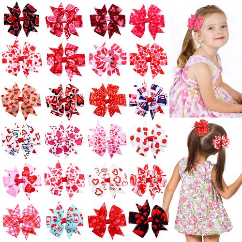 24 Pieces Valentine's Day Hair Bows Clips Heart Love Alligator Bow Hair Accessories Colorful Valentine Red Lips Boutique Hair Clip Valentine's Day Bowknot Hairpins Barrette for Girls (Heart)
