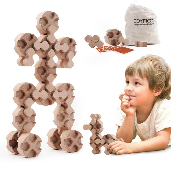 Wooden Blocks, Building Blocks for Toddlers 1-3 Building Toys Montessori Toys Sensory Toys Learning Toys STEM Toys Stacking Toys for Children with Parent-Child Interactive Cards & Storage Bag Ages 3+