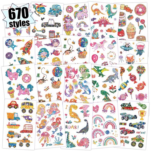 Partywind 670 Mixed Styles (56 Sheets) Glitter Kids Tattoos, Surprise Party Supplies Favors with Dinosaur/Mermaid/Space, Goodie Bag Stuffers Birthday Games Prizes for Boys Girls