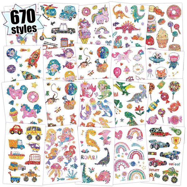 Partywind 670 Mixed Styles (56 Sheets) Glitter Kids Tattoos, Surprise Party Supplies Favors with Dinosaur/Mermaid/Space, Goodie Bag Stuffers Birthday Games Prizes for Boys Girls