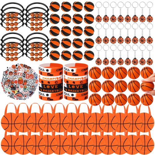 Aoriher 194Pcs Basketball Party Favors Set Basketball Silicone Charm Bracelets Mini Basketball Bouncy Balls Toy Keychains Non Woven Gift Goodie Bags Sticker Eraser for Basketball Sports Party Supplies