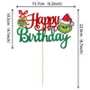 1 PCS Glitter Grinch Happy Birthday Cake Topper Assembled Merry Christmas Grinch Cake Pick for Christmas Theme Baby Shower Kids Birthday Party Cake Decorations Supplies